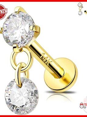 14K Solid Gold Helix Earring, 16G 6mm Dangle Teardrop CZ Piercing Jewelry